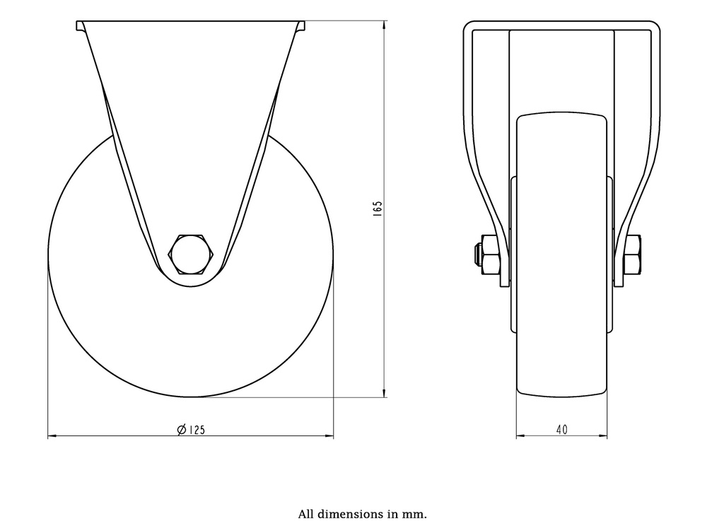 LH series 125mm fixed top plate 100x85mm castor with nylon ball bearing wheel 700kg - Castor dimensions