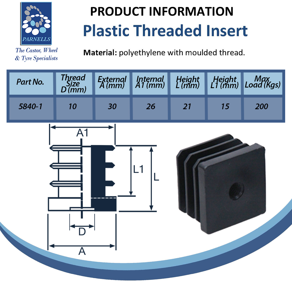 Plastic square threaded insert 30x30mm M10 (1.5) Plain sided Spec Sheet