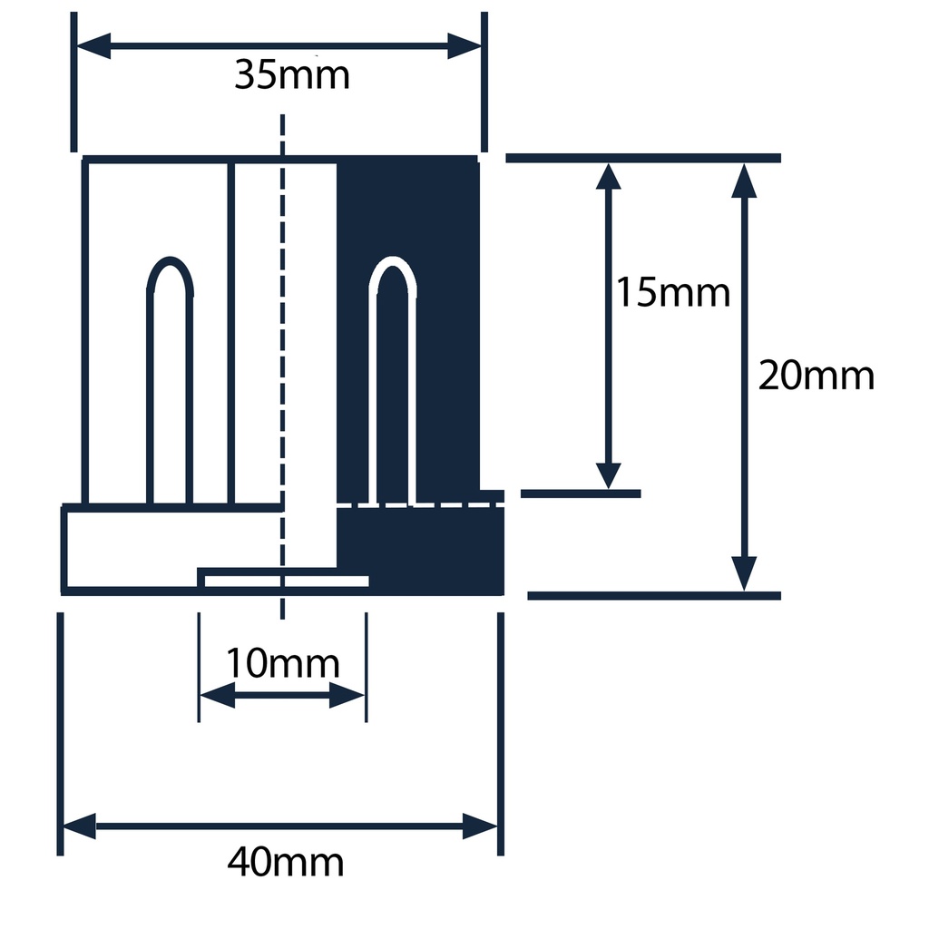 Zinc square threaded insert 40x40mm M10 Drawing with Dimensions