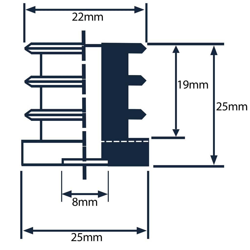 Plastic round threaded insert 25mm M8 (1.5mm) Drawing with Dimensions