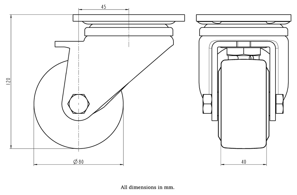 LH series 80mm swivel top plate 100x85mm castor with cast nylon ball bearing wheel 700kg - Castor dimensions