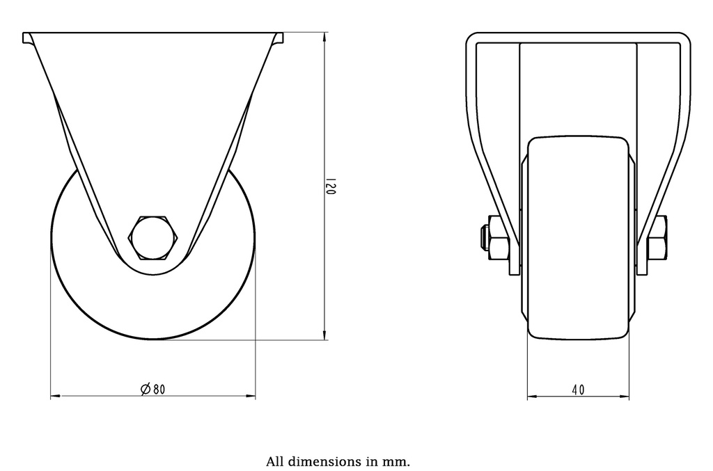 LH series 80mm fixed top plate 100x85mm castor with cast nylon ball bearing wheel 700kg - Castor dimensions