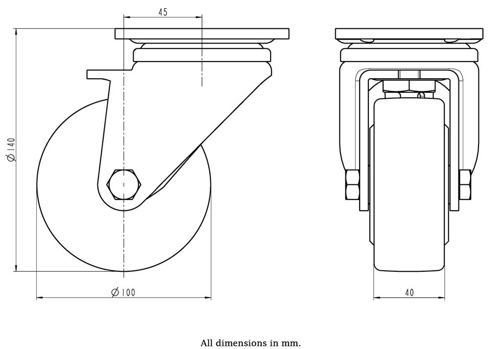 LH series 100mm swivel top plate 100x85mm castor with cast nylon ball bearing wheel 700kg - Castor dimensions