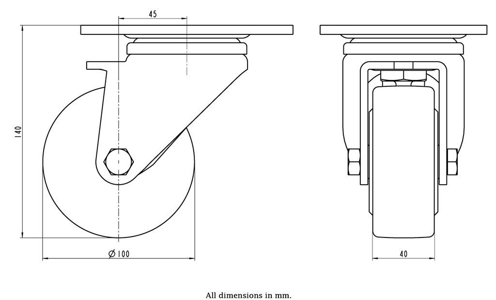 LH series 100mm swivel top plate 140x110mm castor with cast nylon ball bearing wheel 700kg - Castor dimensions
