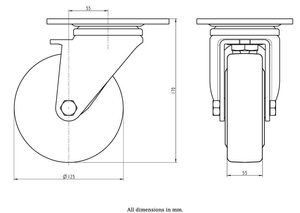 LH series 125mm swivel top plate 140x110mm castor with cast nylon ball bearing wheel 900kg - Castor dimensions
