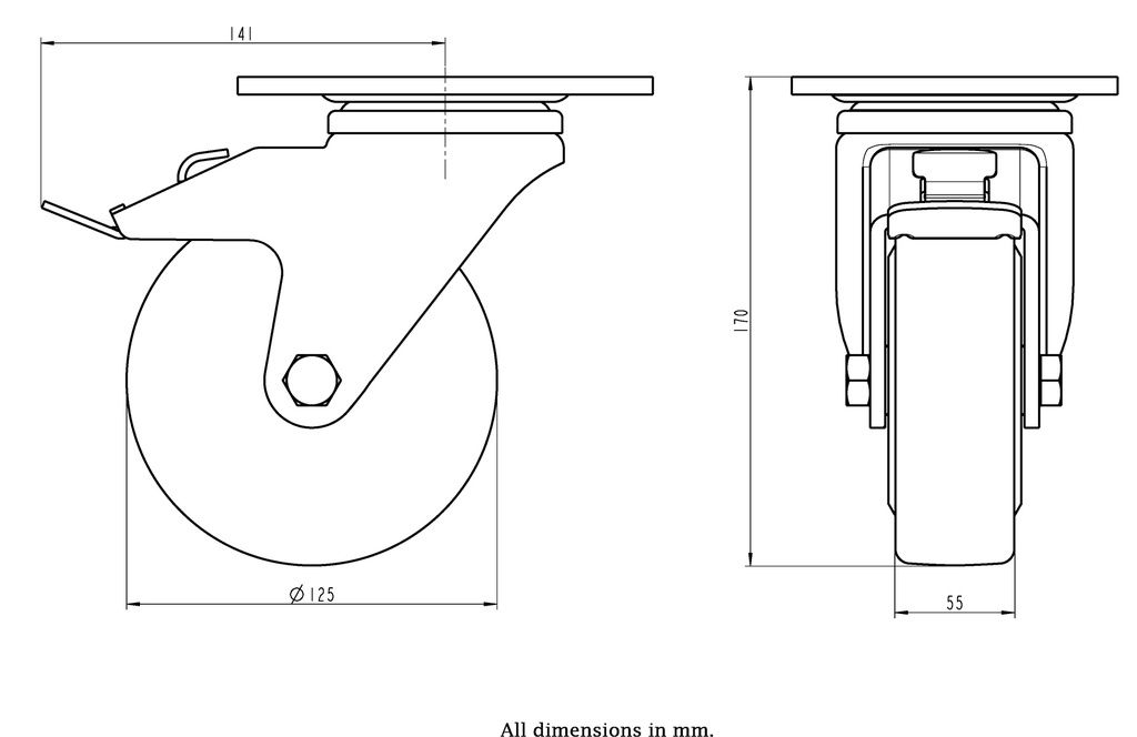 LH series 125mm swivel/brake top plate 140x110mm castor with cast nylon ball bearing wheel 900kg - Castor dimensions