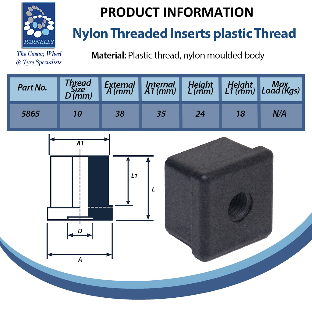 Plastic square threaded insert 1½” x 1½” M10 (1.25mm) Spec Sheet