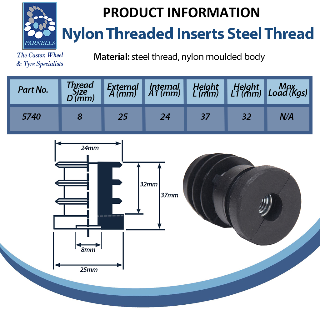 Plastic Round Threaded Insert 25mm M8 (1.0/2.0mm) with steel nut