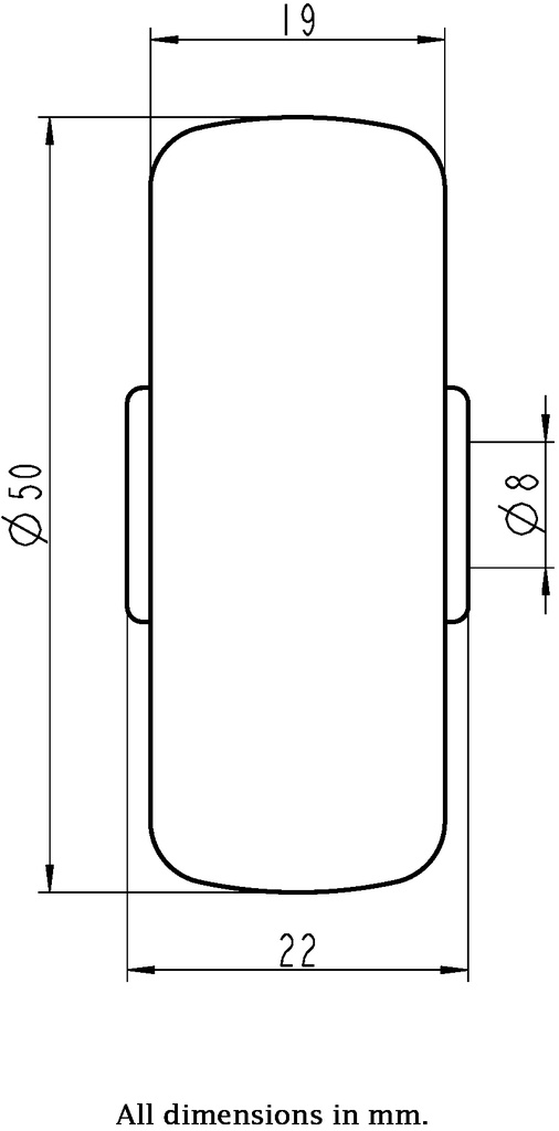Wheel series 50mm electrically conductive grey TPR-rubber on polypropylene centre 8mm bore hub length 22mm plain bearing 30kg - Wheel dimensions