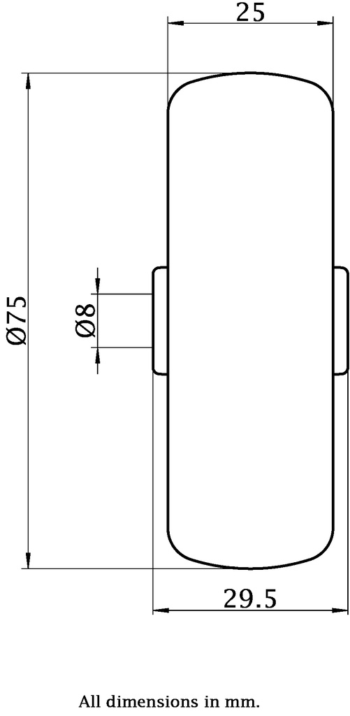 Wheel series 75mm electrically conductive grey TPR-rubber on polypropylene centre 8mm bore hub length 30mm plain bearing 50kg - Wheel dimensions