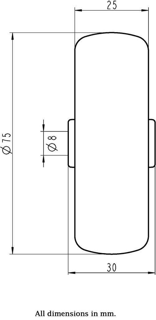 Wheel series 75mm electrically conductive grey TPR-rubber on polypropylene centre 8mm bore hub length 30mm plain bearing 50kg - Wheel dimensions