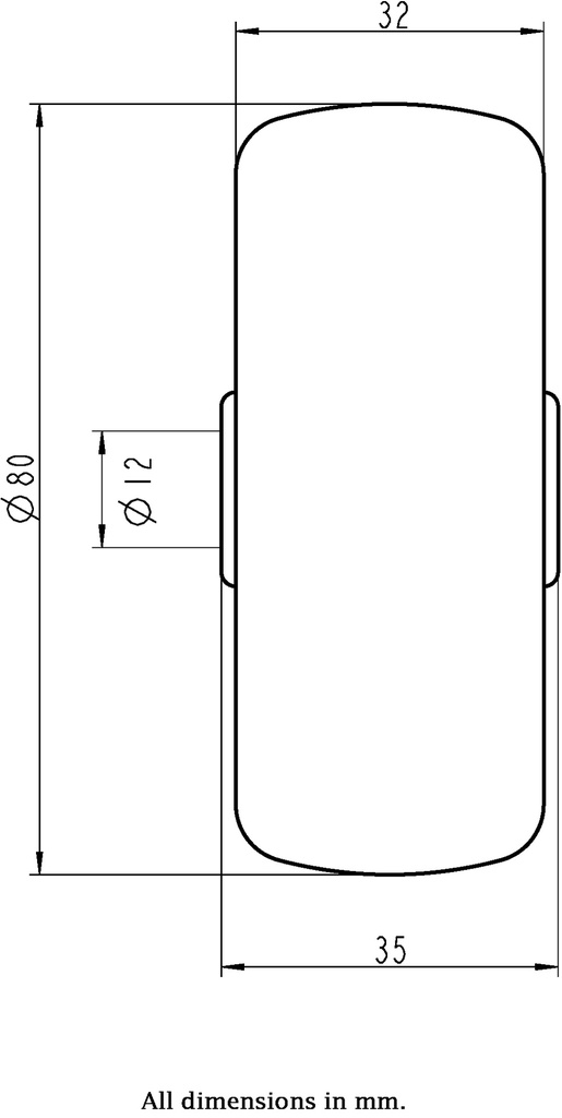 Wheel series 80mm electrically conductive grey TPR-rubber on polypropylene centre 12mm bore hub length 35mm plain bearing 65kg - Wheel dimensions