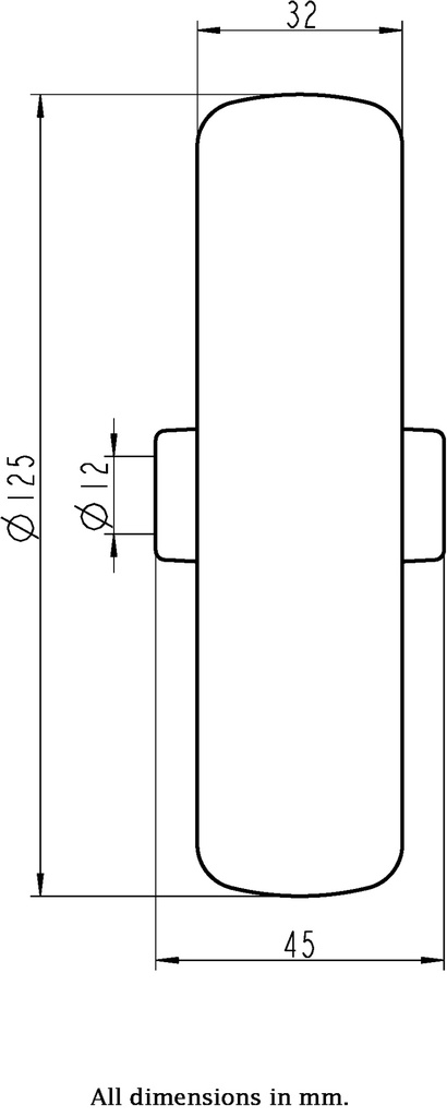 Wheel series 125mm electrically conductive grey TPR-rubber on polypropylene centre 12mm bore hub length 45mm plain bearing 80kg - Wheel dimensions