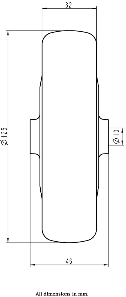 Wheel series 125mm electrically conductive grey TPR-rubber on polypropylene centre 10mm bore hub length 46mm single ball bearing 80kg - Wheel dimensions