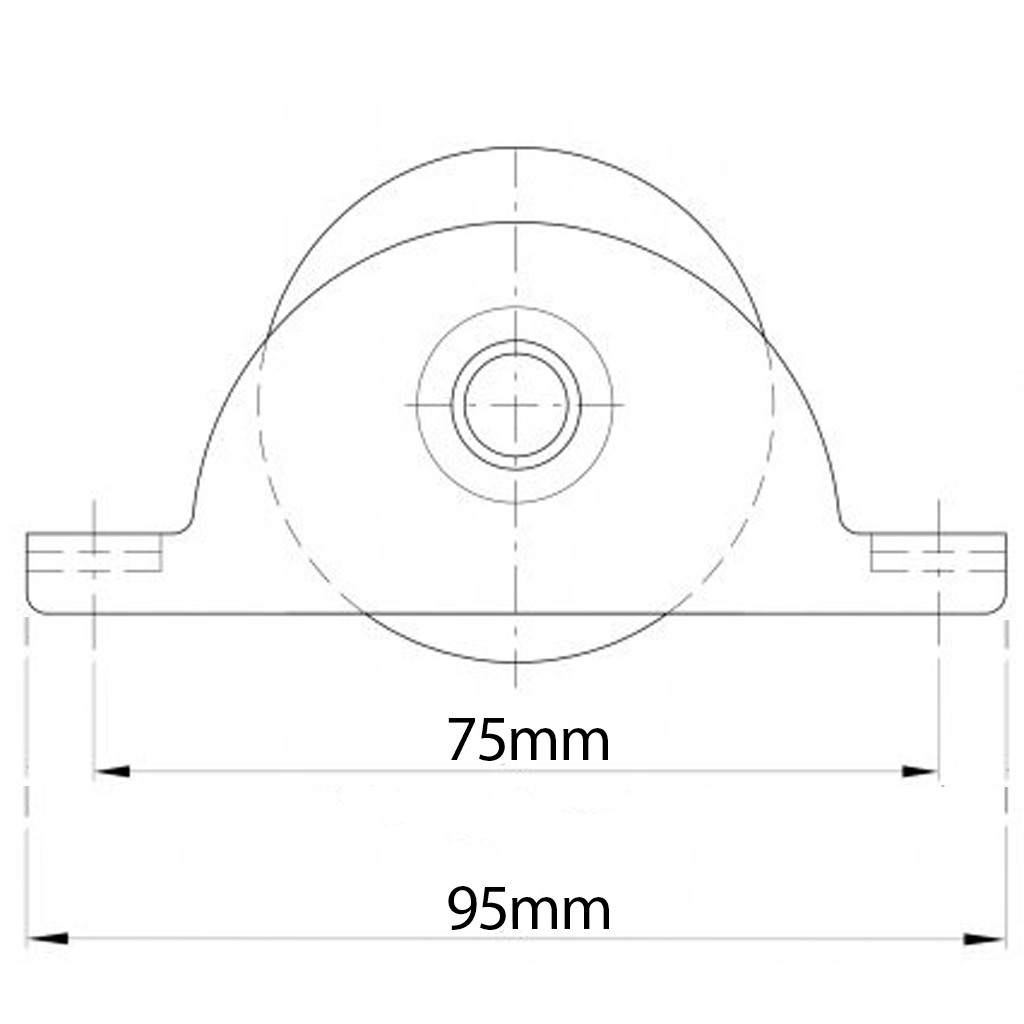 50mm Round groove wheel in support bracket Side View drawing with Dimensions