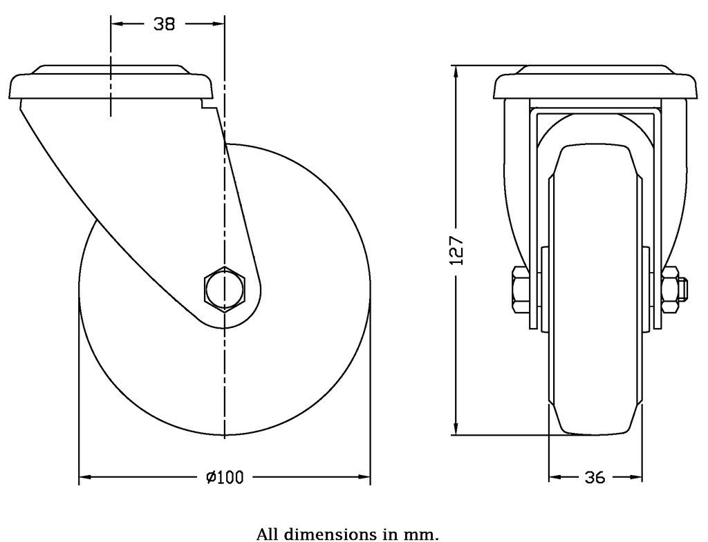 300 series 100mm swivel bolt hole 12,5mm castor with blue elastic rubber on nylon centre roller bearing wheel 150kg - Castor dimensions