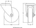 300 series 100mm swivel bolt hole 12,5mm castor with blue elastic rubber on nylon centre roller bearing wheel 150kg - Castor dimensions