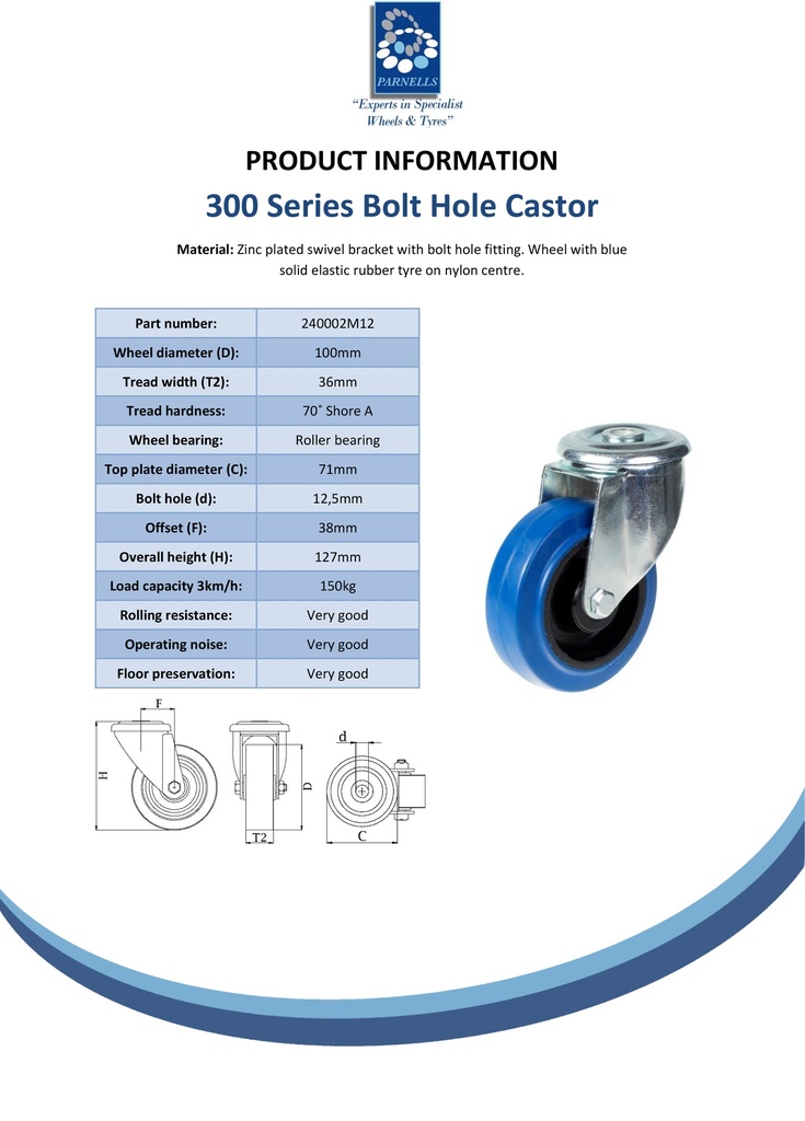 300 series 100mm swivel bolt hole 12,5mm castor with blue elastic rubber on nylon centre roller bearing wheel 150kg - Spec sheet