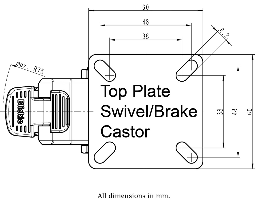 100SS series 75mm stainless steel swivel/brake top plate 60x60mm - Plate drawing