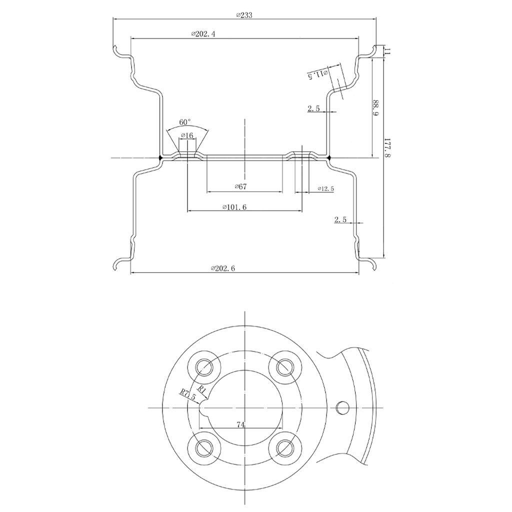 7.00x8 Wheel rim 4/101.6/67 silver Drawing with Dimensions