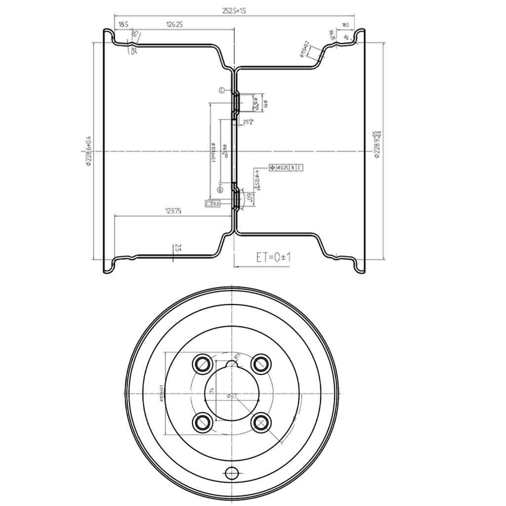 10.00x9 Wheel rim 4/101.6/67 silver Drawing with Dimensions