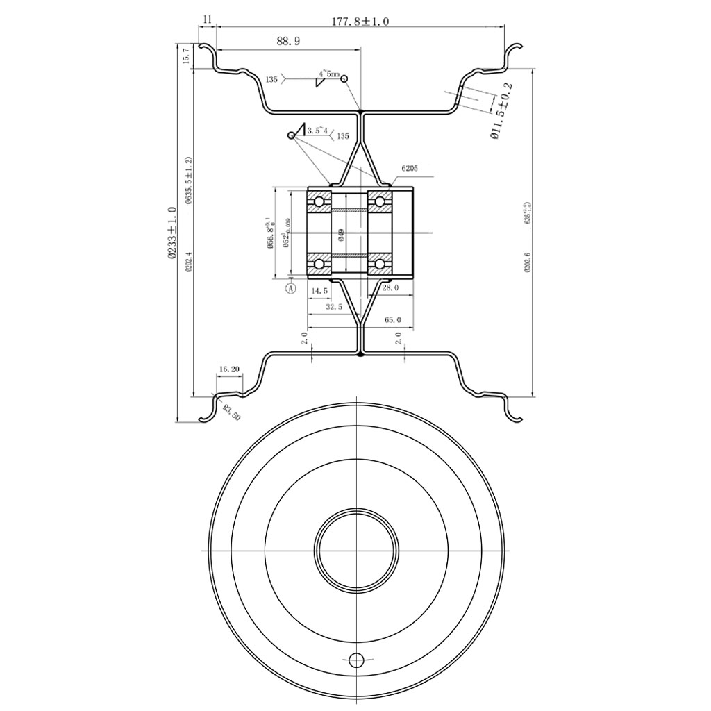 7.00x8 Wheel rim 25mm ball bearing, 52mm hub length, Silver (metal hub cap) Drawing with Dimensions