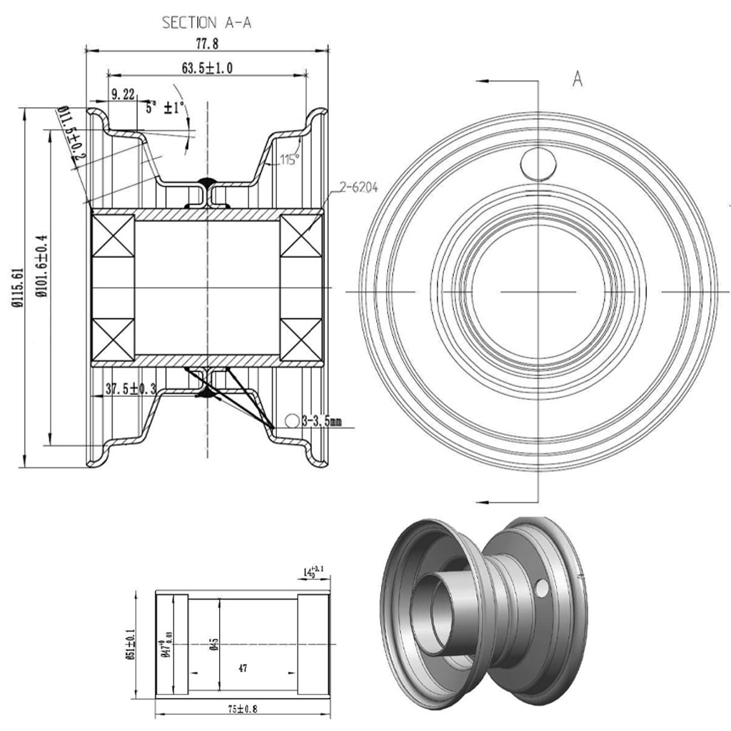 2.50x4" Wheel rim 20x75mm ball bearing silver Drawing with Dimensions