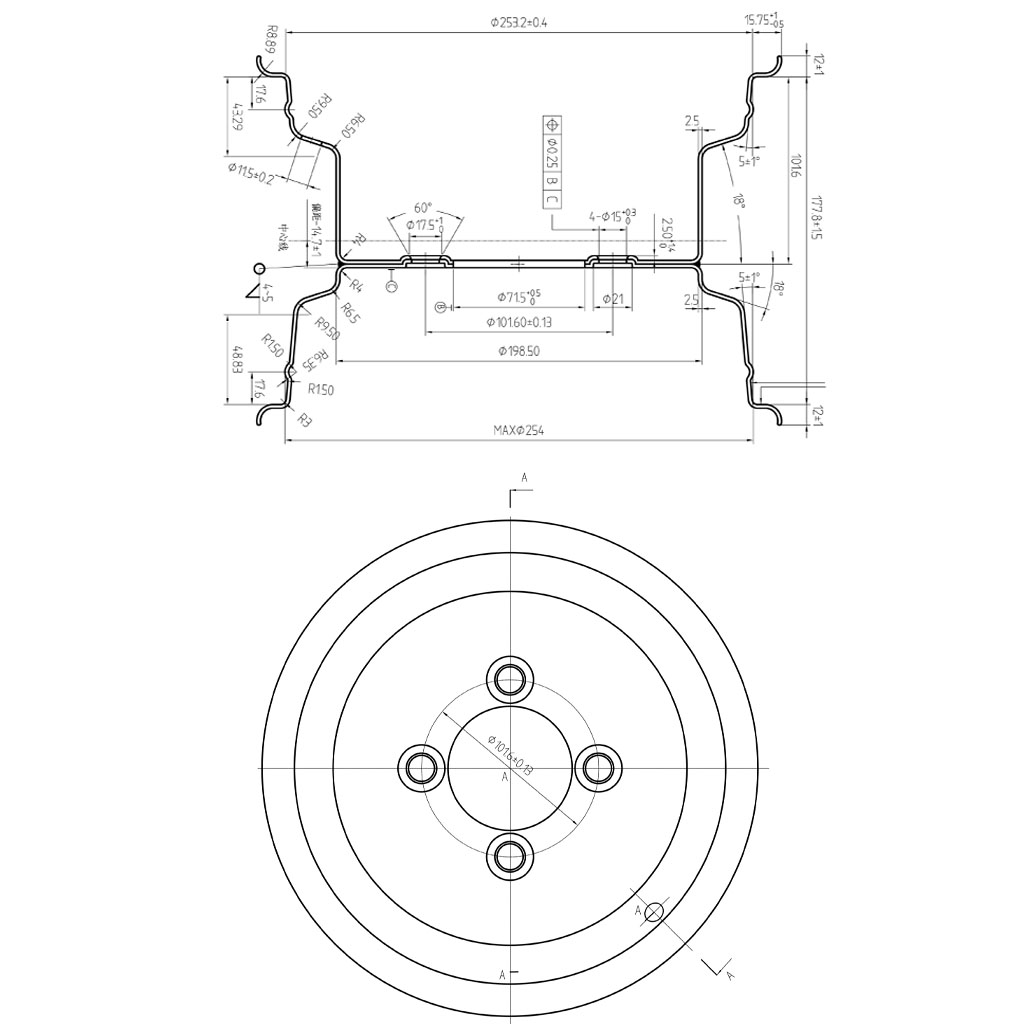 7.00x10" Wheel rim 4/101.6/72 black Drawing with Dimensions