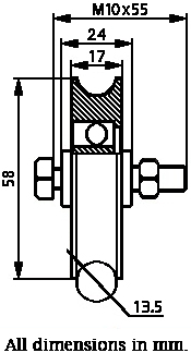 60mm Round groove wheel with 1 ball bearing Drawing with Dimensions