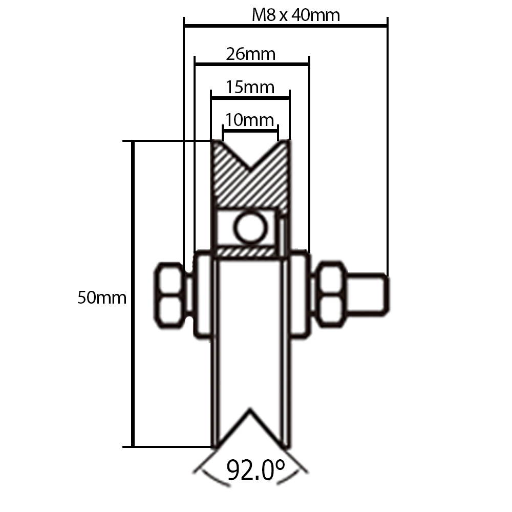 50mm V-groove wheel with 1 ball bearing Drawing with Dimensions