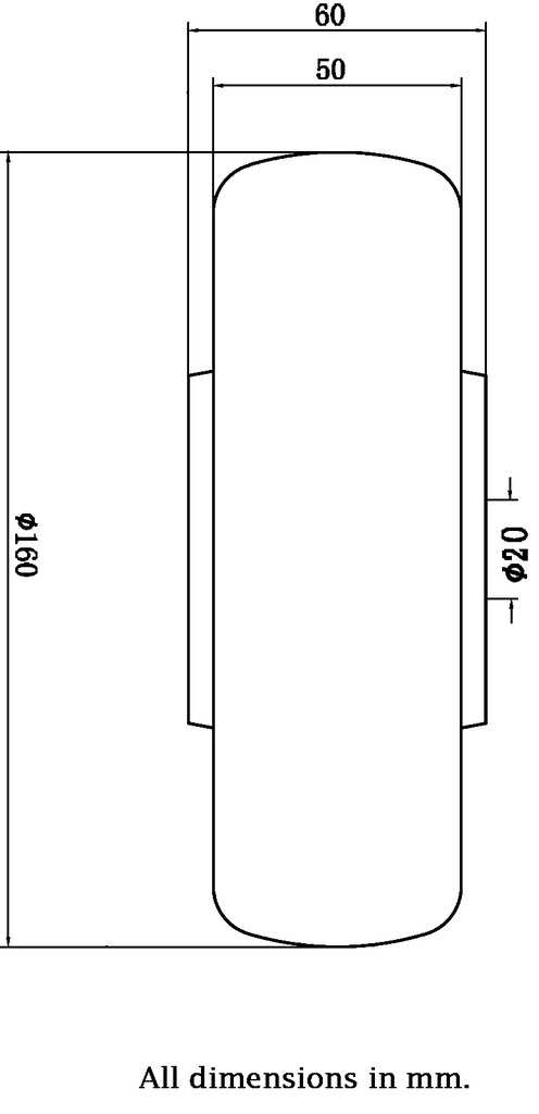 Wheel series 160mm green convex elastic polyurethane on cast iron centre 20mm bore hub length 60mm ball bearing 550kg - Wheel dimensions