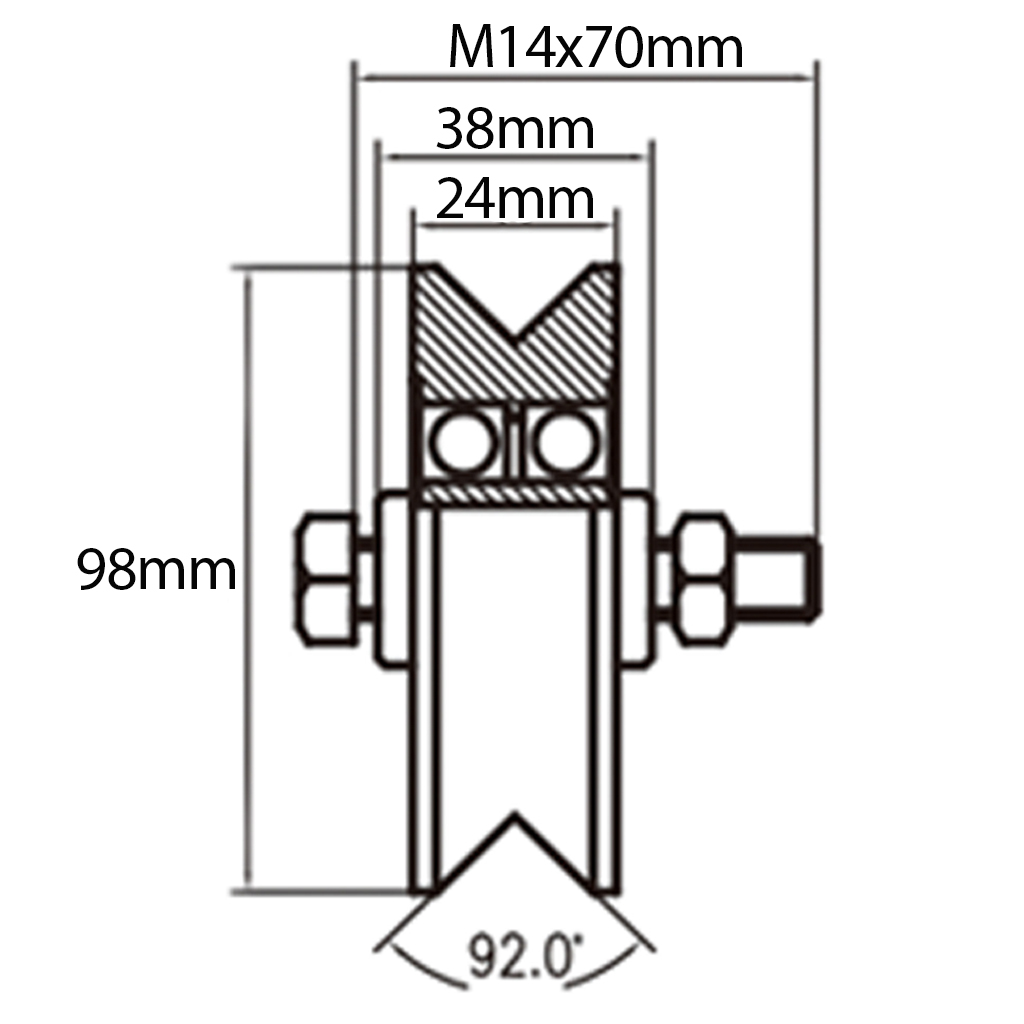 100mm V-groove wheel with 2 ball bearing Drawing with Dimensions