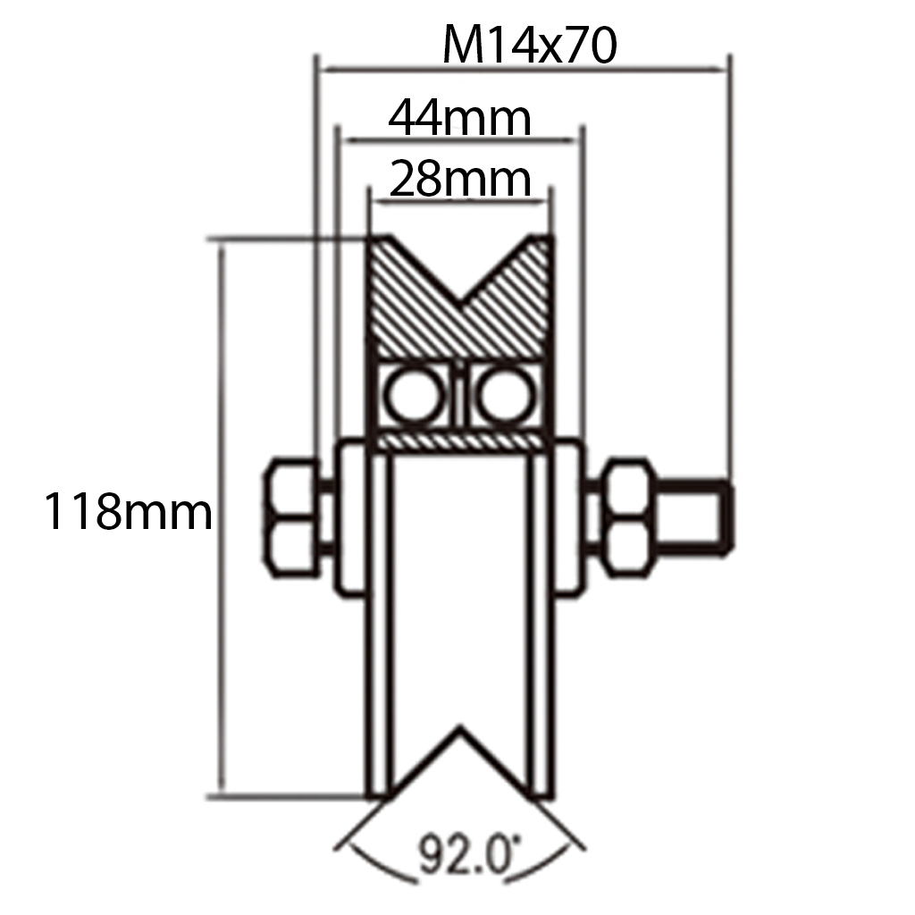 120mm V-groove wheel with 2 ball bearing Drawing with Dimensions