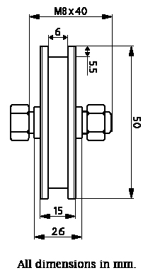 50mm Square groove wheel with 1 ball bearing Drawing with Dimensions