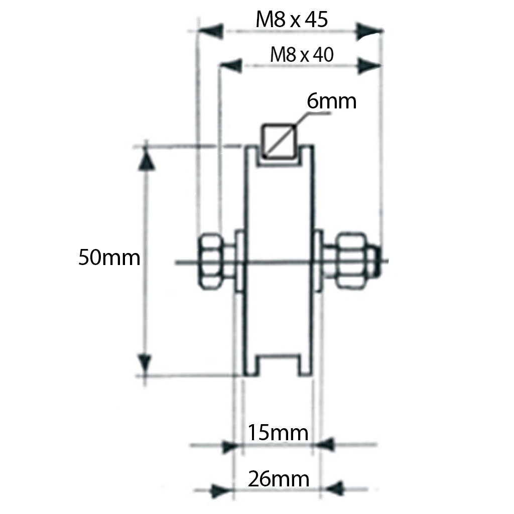 50mm Square groove wheel with 1 ball bearing Drawing with Dimensions