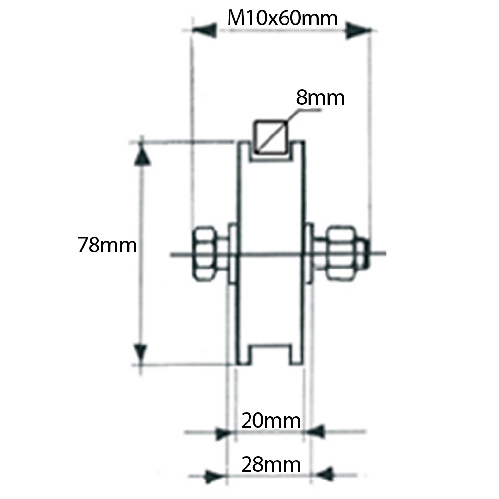 80mm Square groove wheel with 1 ball bearing Drawing with Dimensions