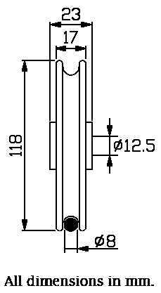 120mm Round groove wheel with 8mm groove for cable Drawing with Dimensions
