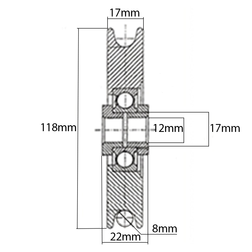 120mm Round groove wheel with 8mm groove for cable Drawing with Dimensions