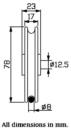 80mm Round groove wheel with 8mm groove for cable - Dimensions