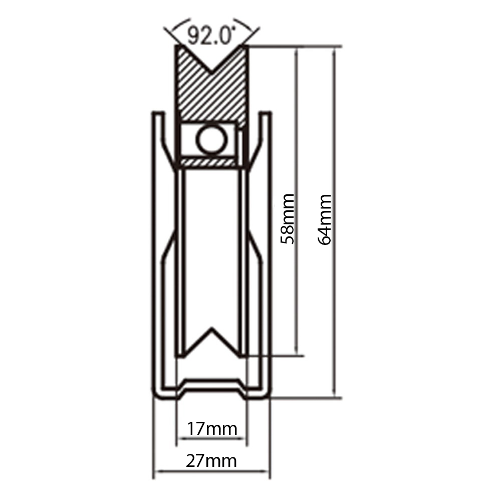 60mm V-groove wheel in fixed bracket Drawing with Dimensions