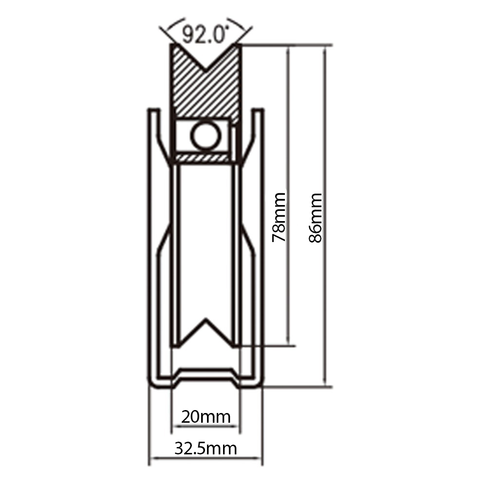 80mm V-groove wheel in fixed bracket Drawing with Dimensions