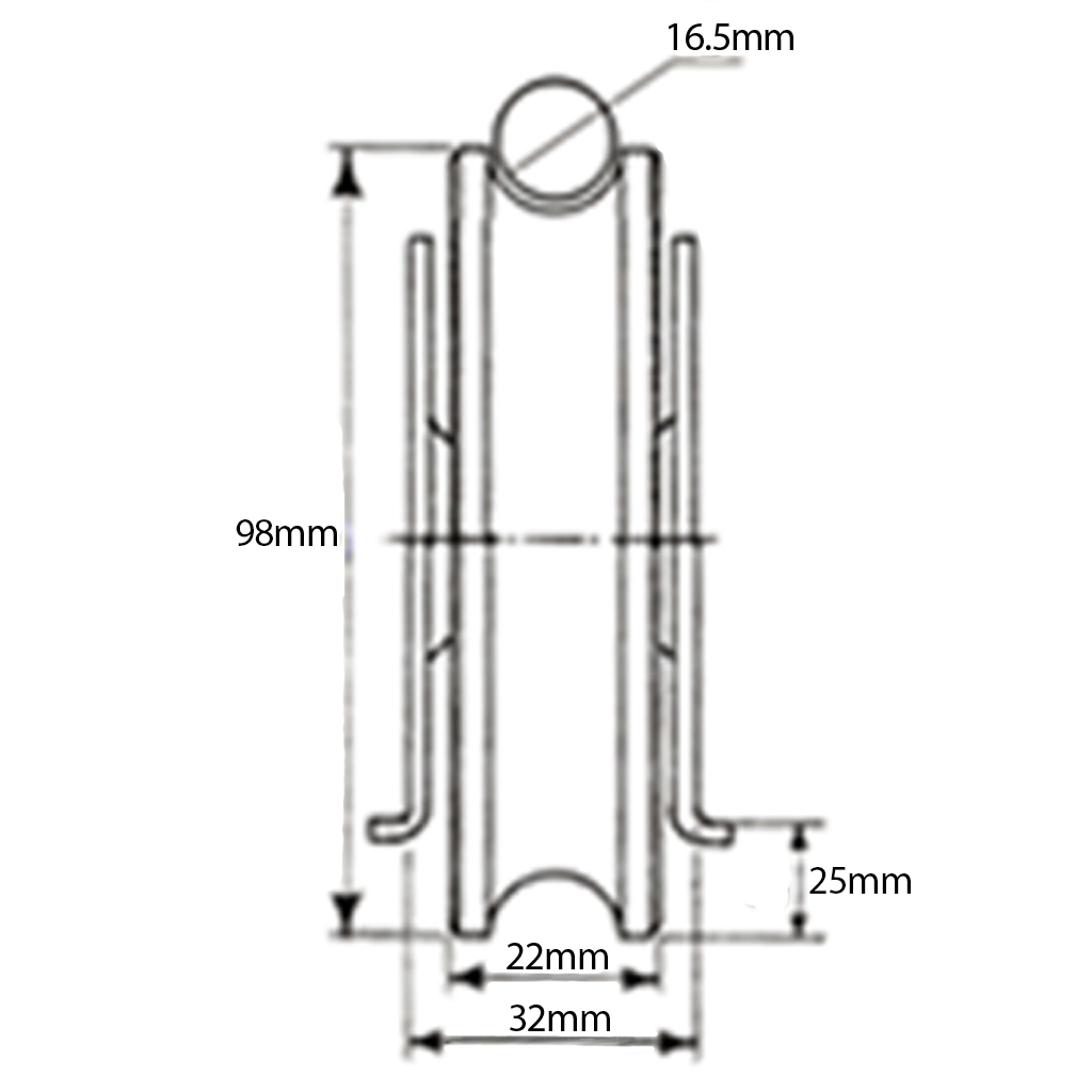 100mm Round groove wheel 16.5mm groove in countersunk bracket Drawing with Dimensions