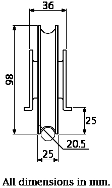 100mm round groove wheel 20.5mm groove in countersunk bracket - Dimensions