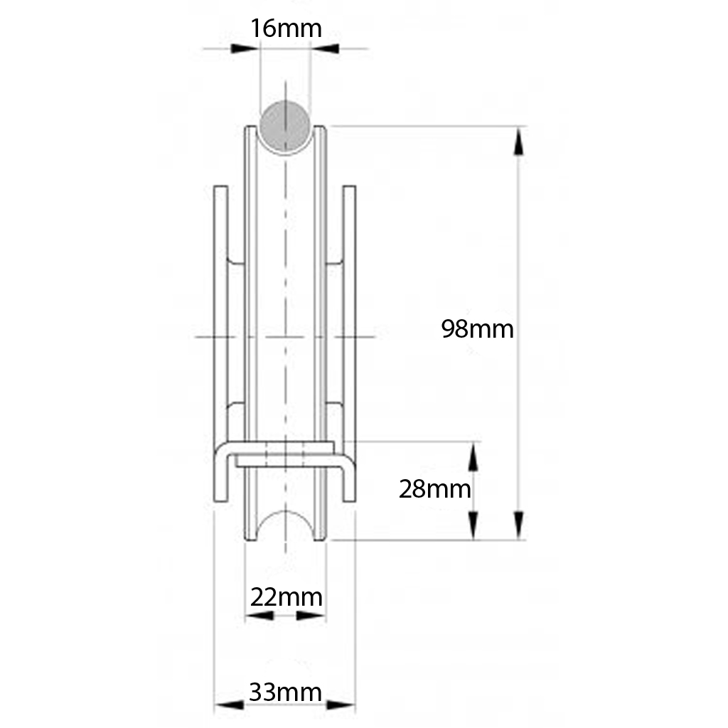 100mm Round groove wheel in support bracket Drawing with Dimensions
