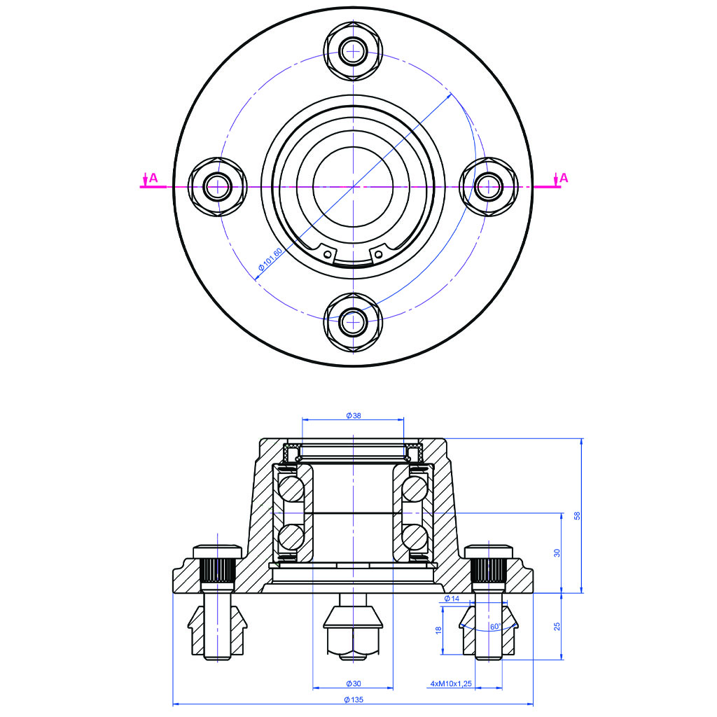 Hub & Stub axle 4/4" M10 STUD 40x40mm High speed