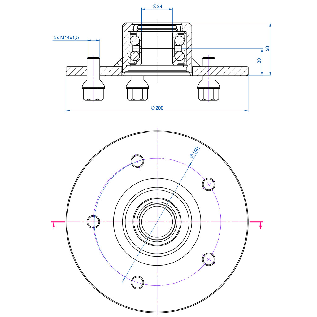 Hub & Stub axle 5/140 M14stud 50x50mm Hub with Dimensions