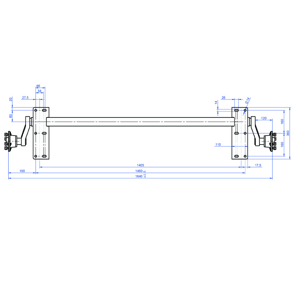 1000kg Suspension beam axle - 4/100 hubs 1460mm holes (large mounting plate) Top View