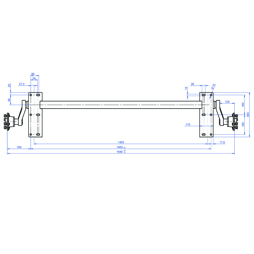 1000kg Suspension beam axle - 4/100 hubs 1460mm holes (large mounting plate) Top View