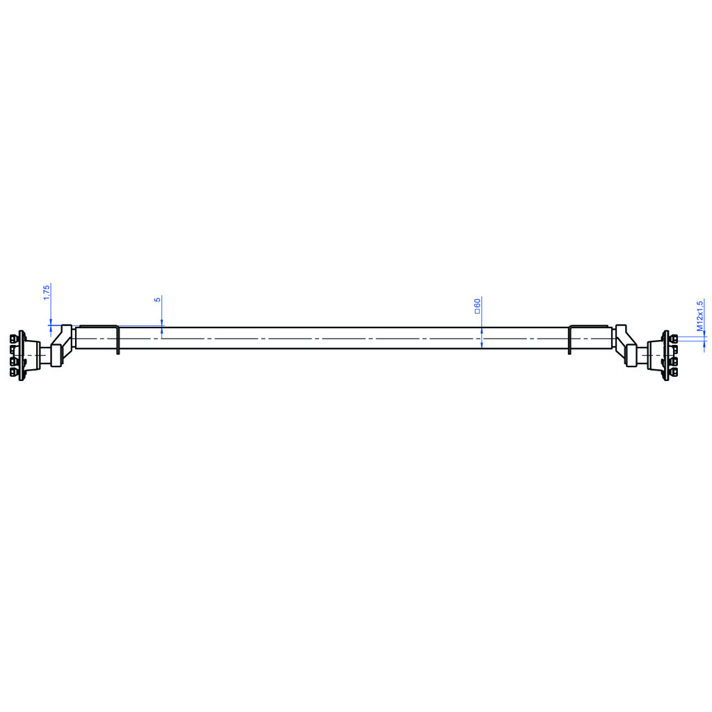 1000kg Suspension beam axle - 4/100 hubs 1460mm holes (large mounting plate)