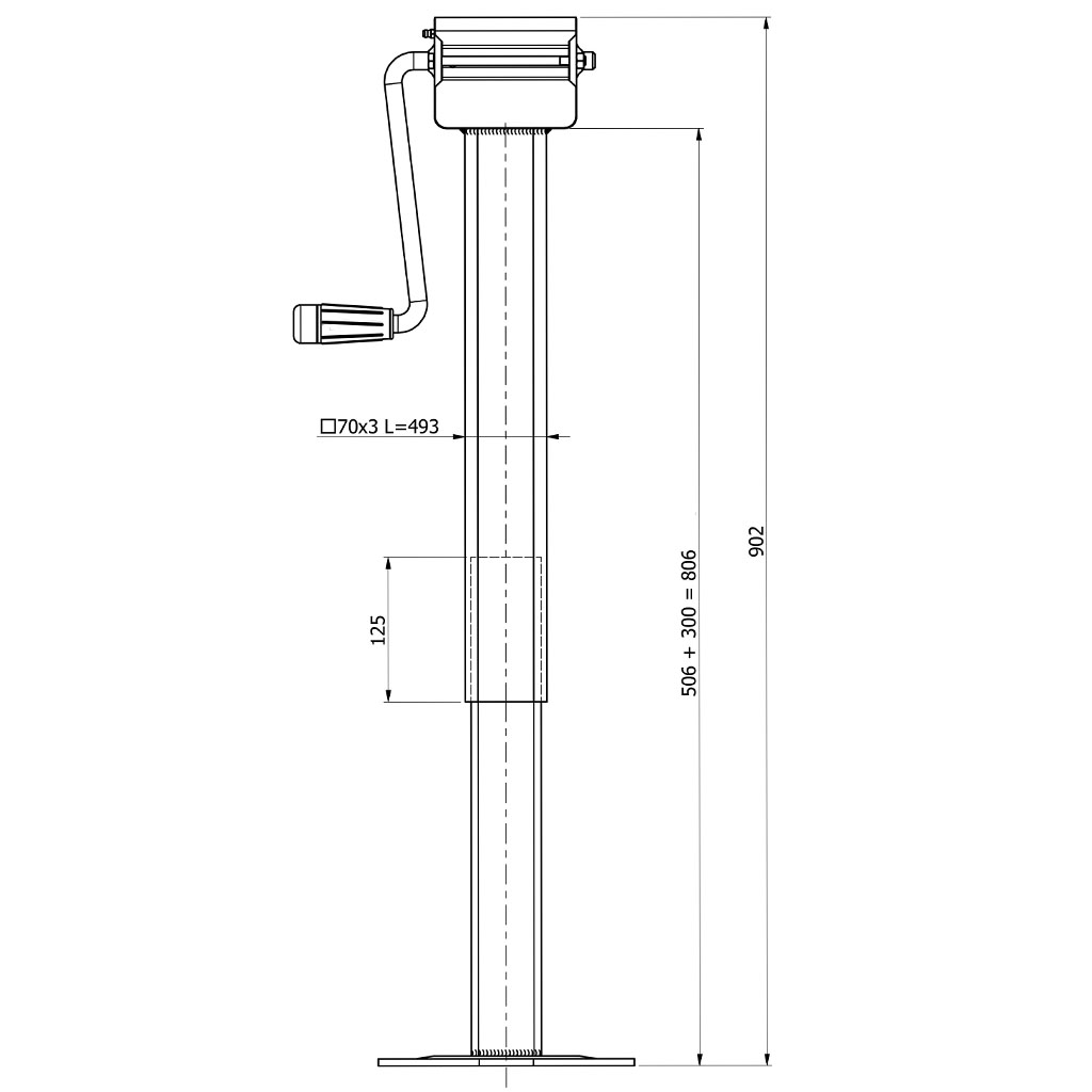 SIDE WIND JACK 70x70x500 RED PRIMED Extended view drawing with Dimensions